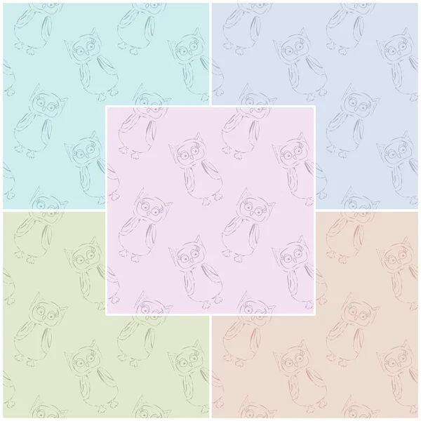 Ensemble vectoriel de motifs sans couture avec des contours de hiboux de dessin animé dans des couleurs tamisées claires. Eps 10 . — Image vectorielle