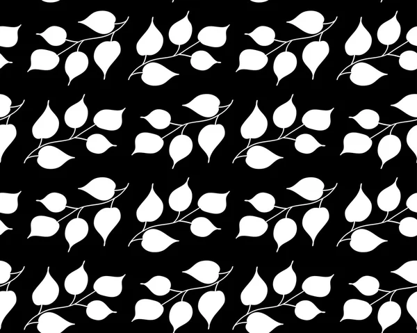 Patrón blanco y negro sin costuras vectoriales con contornos de ramas con hojas sobre un fondo negro. Eps 10 . — Archivo Imágenes Vectoriales