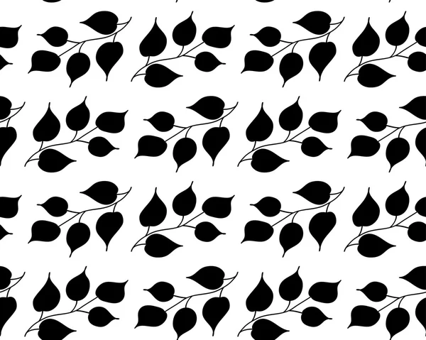 Vector seamless black and white pattern with outlines of branches with leaves on a white background. Eps 10. — Stock Vector