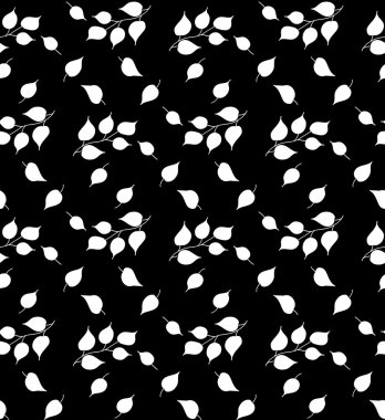 Vector seamless black and white pattern with outlines of branches and falling leaves on a black background. Eps 10. clipart
