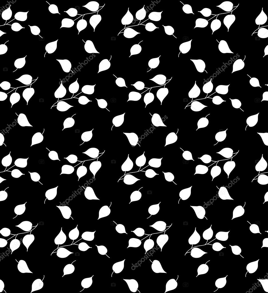 Vector seamless black and white pattern with outlines of branches and falling leaves on a black background. Eps 10.