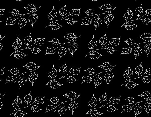 矢量无缝的黑白相间的花纹轮廓的分支与叶在黑色背景上。Eps 10. — 图库矢量图片