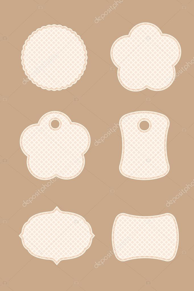 Set of beige textured labels of different shapes. Vector eps 10.