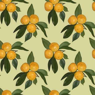 Açık yeşil arka planı üzerinde mandalina ile şube seamless modeli. EPS 10.