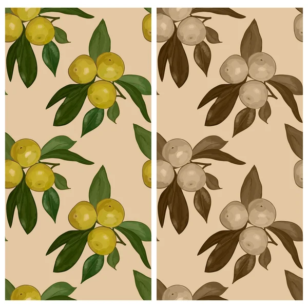 Ensemble de motifs sans couture foncés des branches avec des mandarines sur un fond beige. Eps 10 . — Image vectorielle