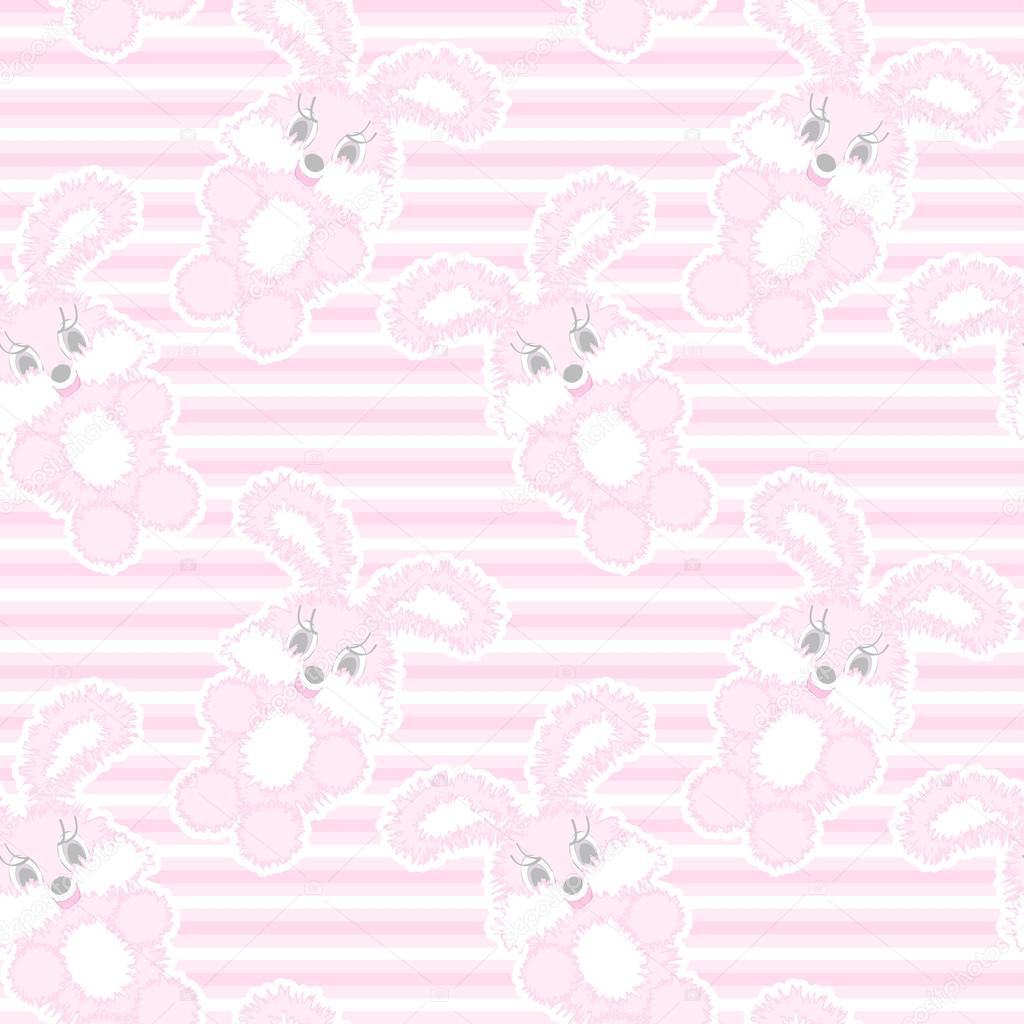 Baby seamless pattern of the stripes and funny bunnies in pink. For a girl. Vector eps 8.