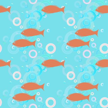 Vector seamless pattern with red silhouettes of fishes on a aquamarine background with rainbow bubbles. Eps 10. clipart