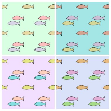Vector set of seamless patterns with colored fishes on a background of different colors. Eps 10. clipart