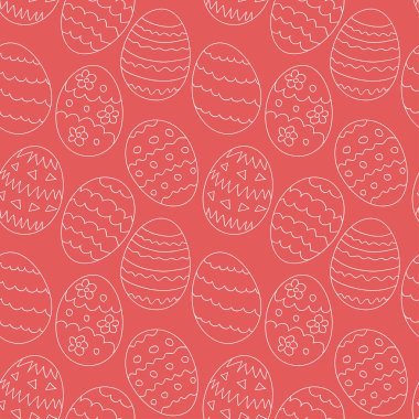 Beyaz desenli Paskalya kıvrımlarına ile Seamless Modeli kırmızı bir arka plan üzerinde yumurta. Vektör eps10.
