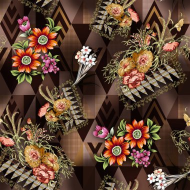 Güzel çiçek desenleri, çiçeksiz alçı dizaynı, suluboya çiçek. Arkaplanlı Geometrik Tekstil Tasarımı - illüstrasyon