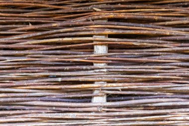 Yakın çekim ince dalların sanatsal düzenini yakalar ve sağlam ve doğal bir çit oluşturur. Güneş ışığı bu kırsal yapıda, zengin doku ve renkleri ortaya çıkararak oynar.