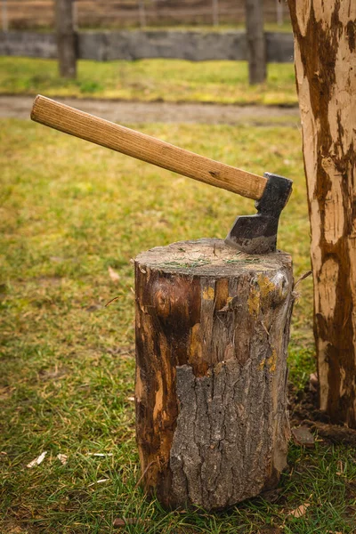 Keskin bir balta, yemyeşil çimlerle çevrili ahşap bir kütüğün üzerinde duruyor. Huzurlu sahne, huzurlu ve doğal bir ortamda zorlu bir çalışma gününü işaret ediyor..