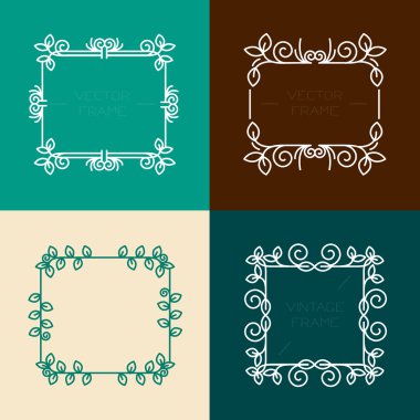 Çizgi stili, grafiksel tasarım elemanları floral çerçeveler vektör kümesi.