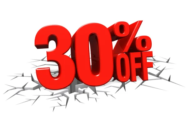 3D render red text 30 percent off on white crack hole floor. — Stock Photo, Image