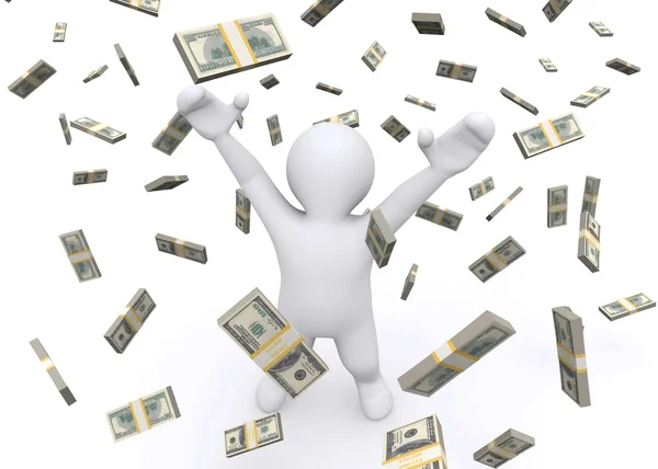 3d white man and money rain. — Stock Photo, Image
