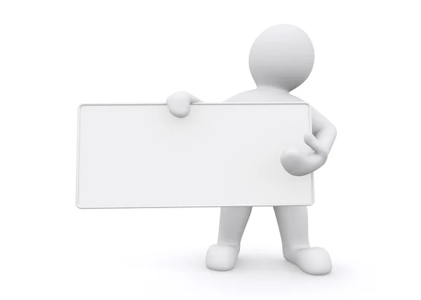 3d white man holding empty board on white background. — Stock Photo, Image