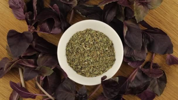 Dried Basil Saucer Sprigs Fresh Red Basil Rotates Slowly Spice — Stock Video