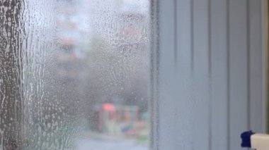 Lastik eldivenli kadın elleri kirli pencereye deterjan sıkar ve kazıyıcı ile temizler..