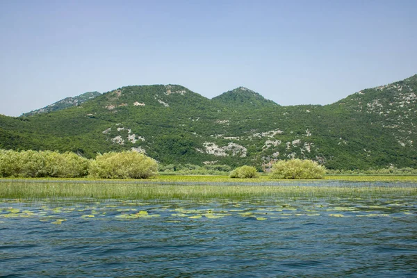 Paisagem Com Lago Montanhas Verdes Fundo Céu Limpo Vista Panorâmica — Fotografia de Stock