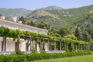 Karadağ 'ın Adriyatik Denizi kıyısındaki güzel yeşil Kraliyet Parkı ve ikamet yeri Villa Milocer' in panoramik yaz manzarası