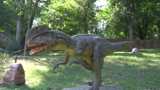 Tentoonstelling Van Bewegende Modellen Dieren Uit Prehistorie Dinopark Mechanische Beeldhouwkunst — Stockvideo