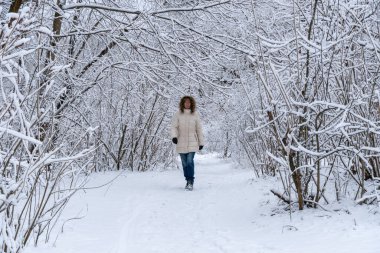 Kış ormanında üstü kapalı karda yürüyen bir kadın. Genç yetişkin, yolda kar yağdıktan sonra beyaz ağaçların etrafını sardı. Soğuk havada parkta yürüyüş yapan orta yaşlı bir insan. Rahatlama anı yalnızlık.