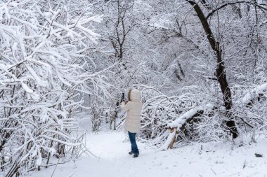 Kış ormanında üstü kapalı karda yürüyen bir kadın. Genç yetişkin, yolda kar yağdıktan sonra beyaz ağaçların etrafını sardı. Soğuk havada parkta yürüyüş yapan orta yaşlı bir insan. Rahatlama anı yalnızlık.