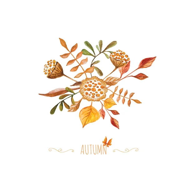 Ramo de otoño de acuarela con elementos decorativos remolinos. Beaut. — Archivo Imágenes Vectoriales
