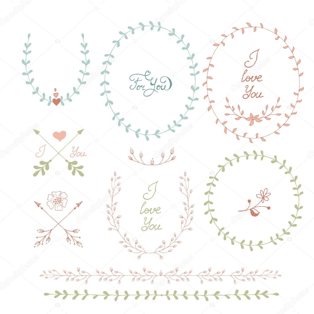 Cute frames hand drawn. Romantic floral design elements 