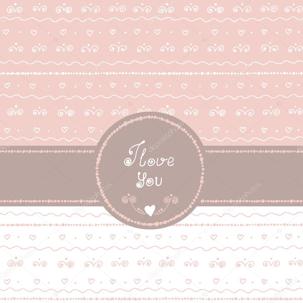 Set of hand drawn seamless patterns  with frame and ribbon. Hear