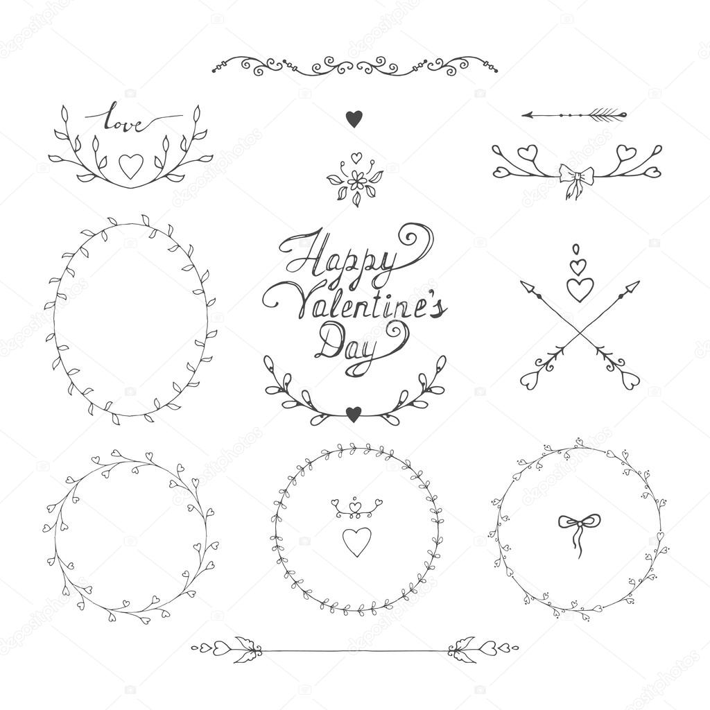 romantic design elements and frames valentine's day. Hand drawn 