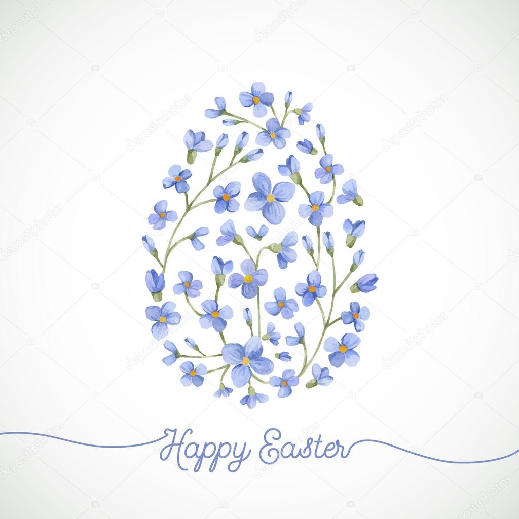 Happy Easter greeting card. Watercolor Easter egg with  flowers 