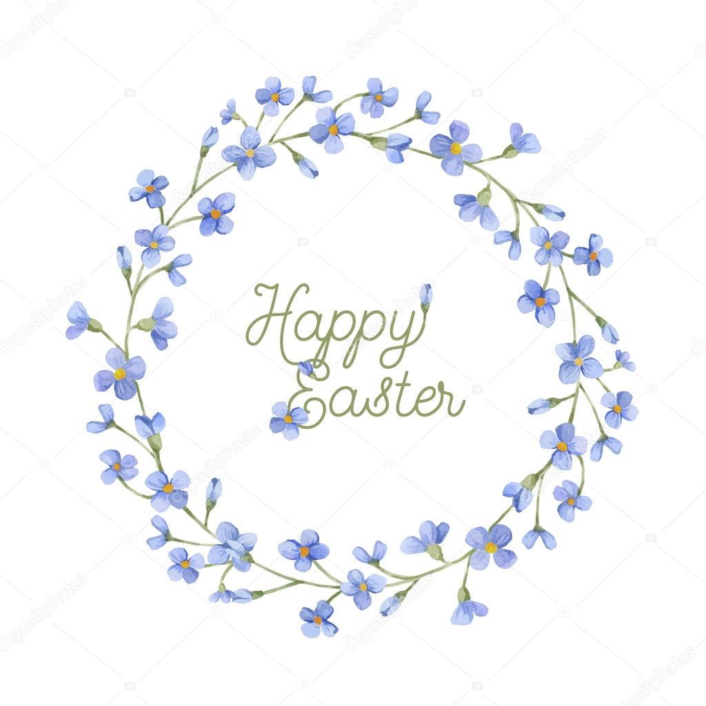 Happy Easter greeting card. Watercolor wreath with spring flower