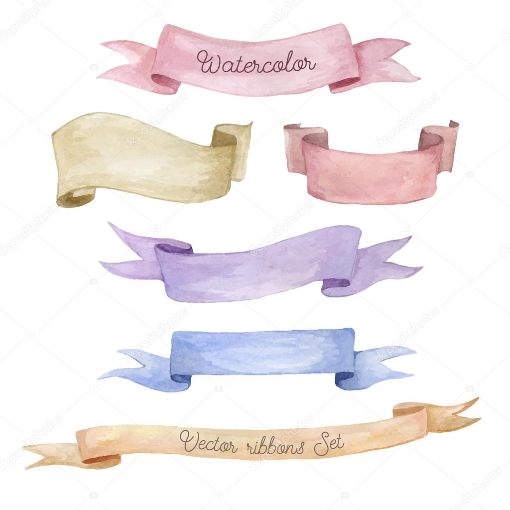Watercolor ribbons set. Hand drawn stripes or banners for text. 