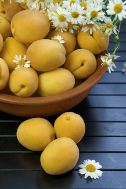 Olgun kayısılarla dolu eski bir kil tabağı siyah ahşap bir arka planda duruyor. Yakın planda çekilmiş. Kayısılar küçük papatya çiçekleriyle süslenir..