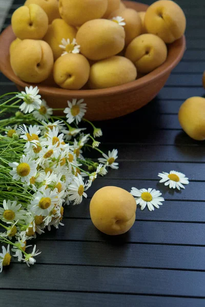 an old clay plate full of ripe apricots stands on a black wooden background. shot in close-up. apricots are decorated with small chamomile flowers. next to it lies a small bouquet of field daisies