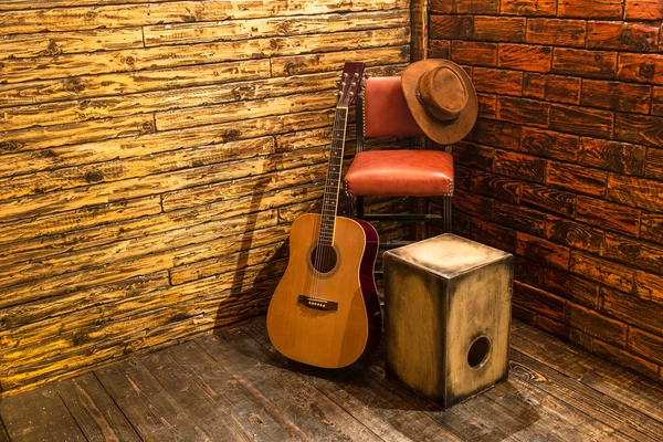 Music instruments on wooden stage — Stock Photo, Image