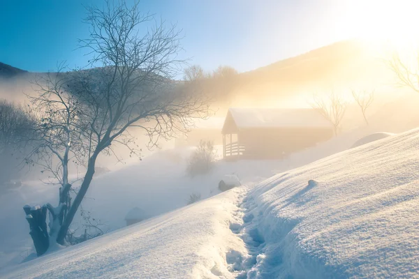 Timmerstugor på morgonen omgiven av snö — Stockfoto