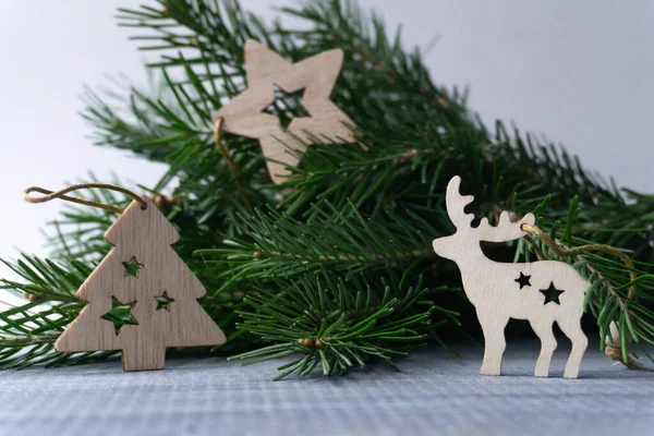 Wooden Figure Christmas Deer Background Fir Tree Christmas Card — Stock Photo, Image