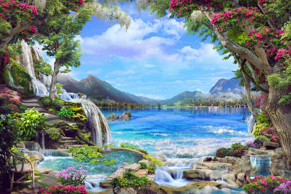 Beautiful garden with pink and white flowers, petals,waterfall, with access to the lake. Digital collage, mural and mural. Wallpaper. Poster design. Modular panel