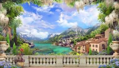 İtalyan sahilindeki balkondan güzel bir manzara, pembe ve beyaz çiçekler. Mavi gökyüzü. Dijital kolaj, duvar resmi ve duvar resmi. Duvar kağıdı. Poster tasarımı. Modüler panel. Yazdırma çizimi.