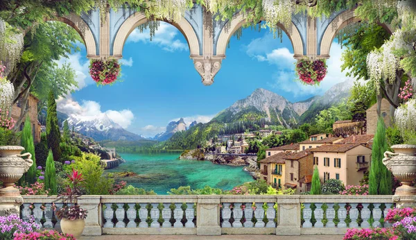 Vacker Utsikt Från Balkongen Den Italienska Kusten Blå Valv Rosa — Stockfoto
