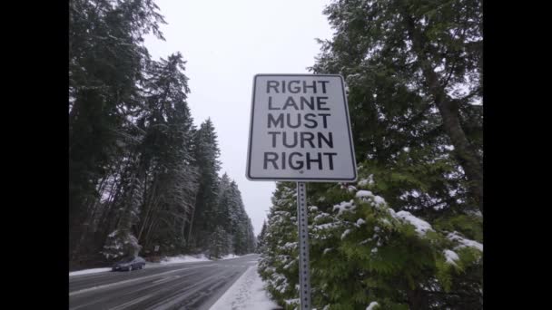 View Sign Right Lane Must Turn Right Winter Forest Background — Stock videók