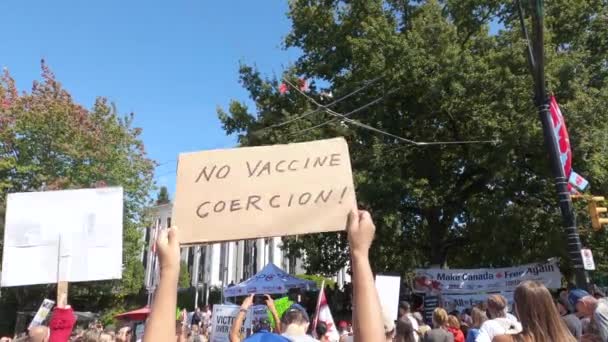 Βανκούβερ Καναδάς Σεπτεμβρίου 2021 Άποψη Της Πινακίδας Vaccine Coercion Κατά — Αρχείο Βίντεο