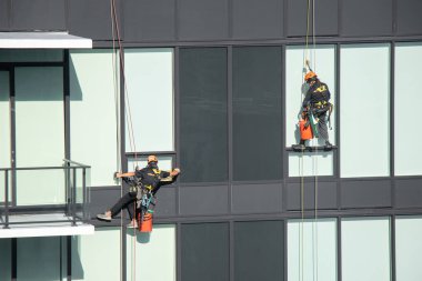 Vancouver, Kanada - 18 Eylül 2021: İnşaat işçisi Vancouver şehir merkezindeki konut binalarından birinin camlarını temizliyor