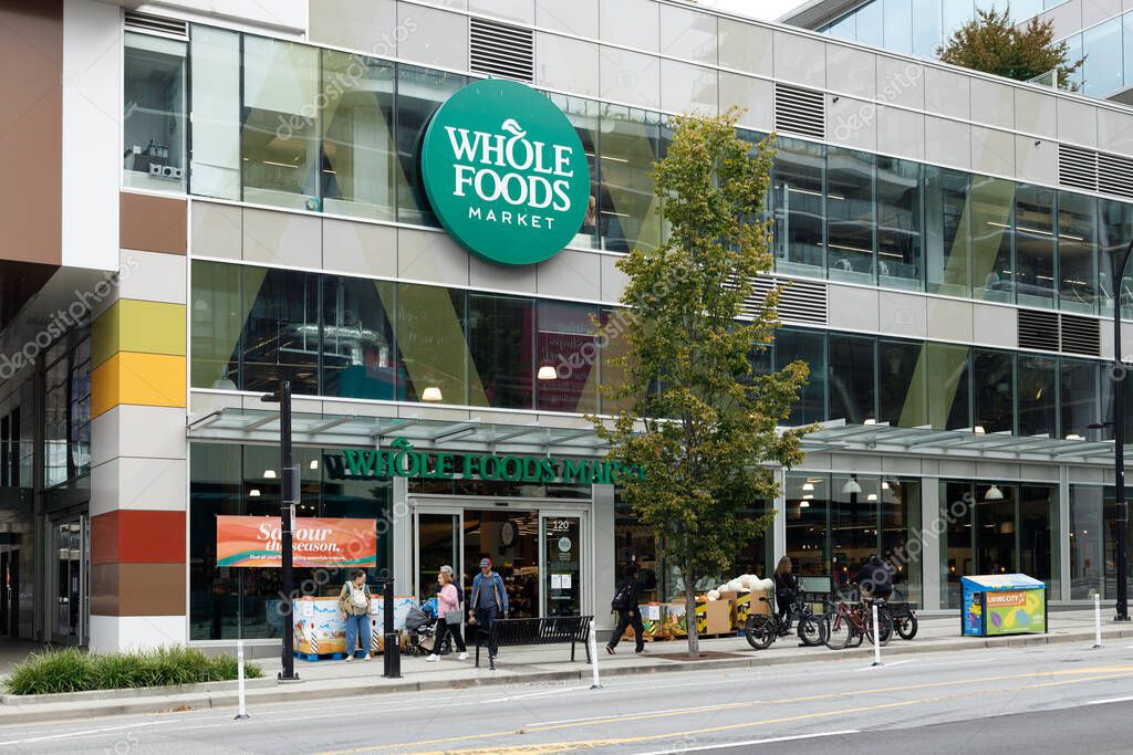 North Vancouver, Canada - Sep 25,2025: Busy Whole Foods Market storefront in North Vancouver