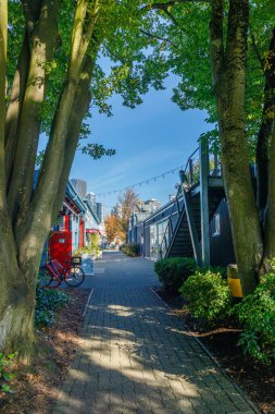 Vancouver, Kanada - 6 Ekim 2025 Granville Adası 'nda ağaçlık tuğla patika yeşil yapraklı, renkli binalar, bisiklet, merdiven