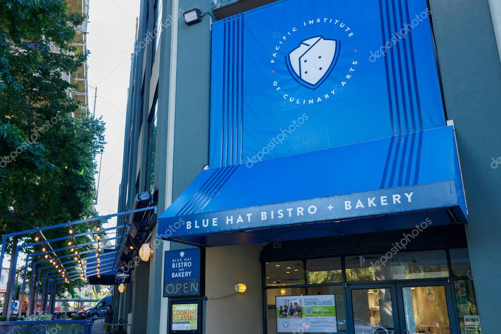 Vancouver, Canada - Oct 6,2025: Blue Hat Bistro and Bakery storefront with Pacific Institute of Culinary Arts
