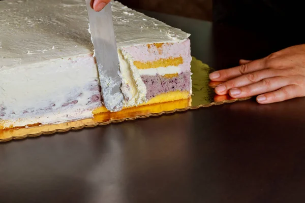 Woman Cover White Icing Festive Cake Making Layer Sponge Cake — Stock Photo, Image