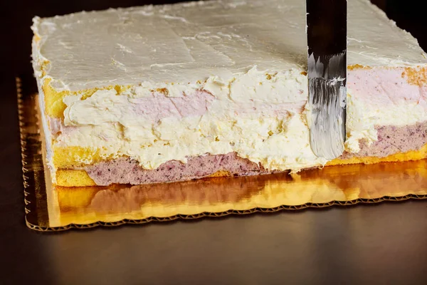 Putting White Frosting Cream Cake Layer Making Layer Sponge Cake — Stock Photo, Image